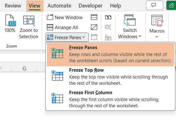 Displayed the options of Freeze Panes in Excel 