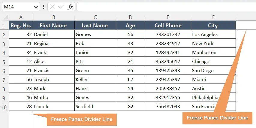 Freeze Panes Divider Line after freezing top row and first column in Excel 