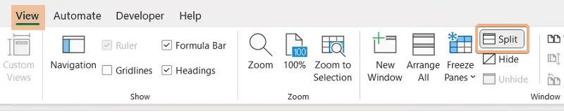 Click Split under View tab to freeze top row and column in Excel