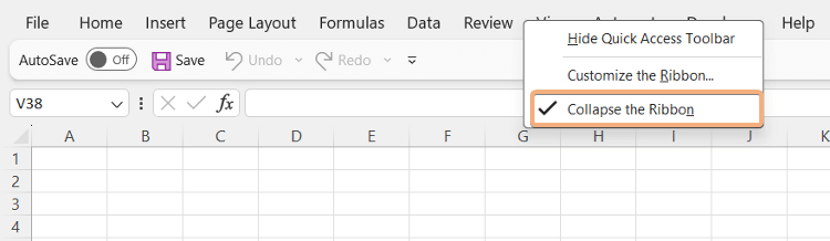 Uncheck Collapse the Ribbon Options to Show the Ribbon in Excel