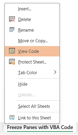 Click View Code to open Visual Basic Editor to freeze panes in Excel. 