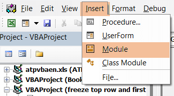 Insert Module to insert VBA code to freeze top row and first column 