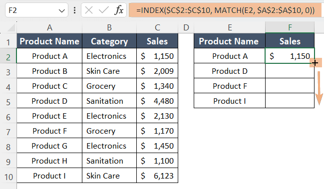 INDEX and MATCH functions to match two columns & output third