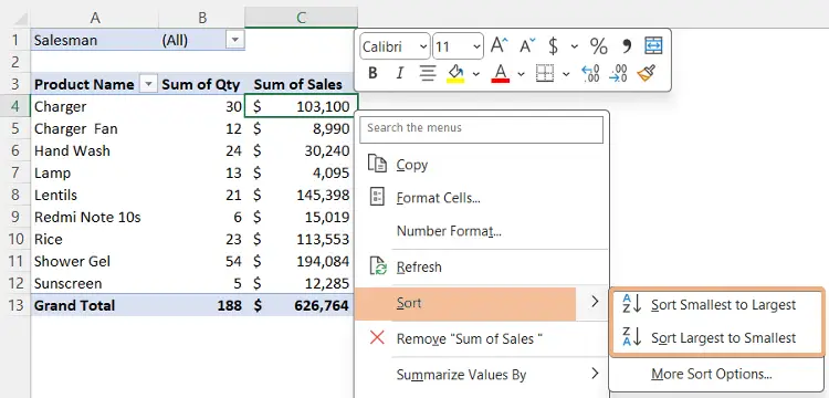 Sort from Context menu to sort in Pivot Table by value in Excel