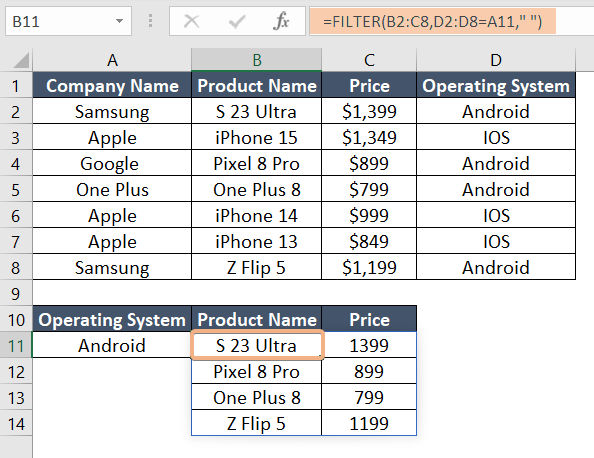 Using the FILTER function to VLOOKUP and return multiple corresponding results vertically in Excel
