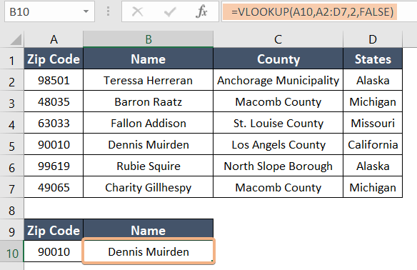 Using the VLOOKUP formula to lookup zip code