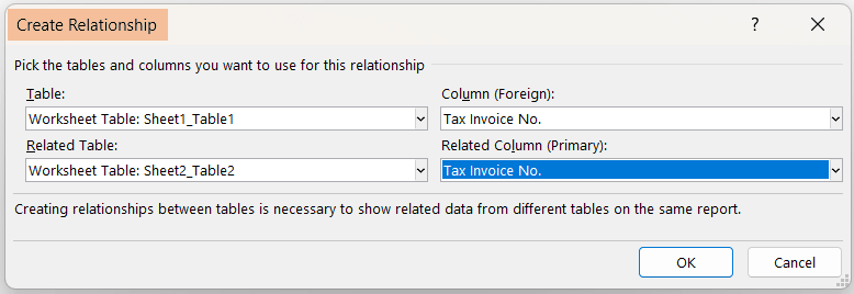 Inserted information in the Create Relationships to create Pivot Table from multiple sheets