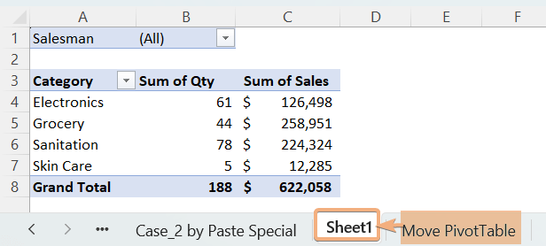 Moved the PivotTable in new worksheet using Move PivotTable option