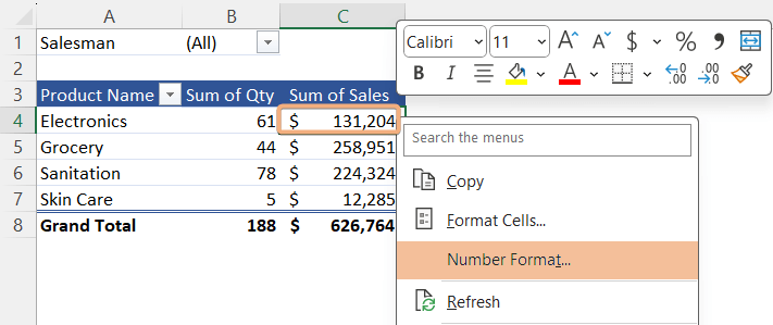 Right-click on a cell to access Number Format in Pivot Table