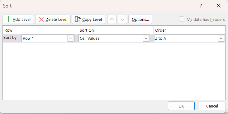 Selected row 1 to sort in Z to A order in Excel