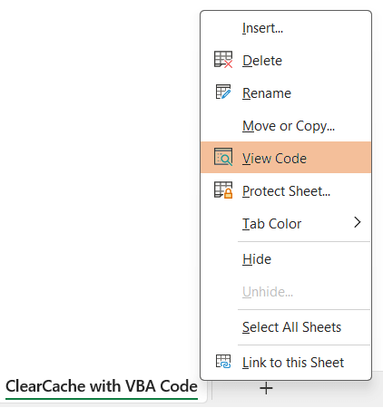 Choose View Code to insert VBA code to Pivot Table clear cache