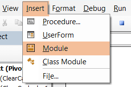 Insert Module to paste the VBA code to Pivot Table clear cache 