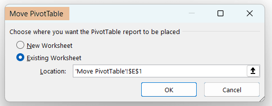 Chose Existing Worksheet to place the Pivot Table after moving in Excel