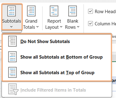 Subtotals lists from the dropdown of subtotals in Excel Pivot Table