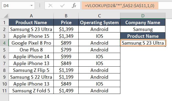 Use VLOOKUP function to find partial match and return single value