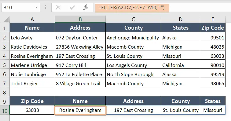 Use the FILTER function to look up a zip code and return multiple matches