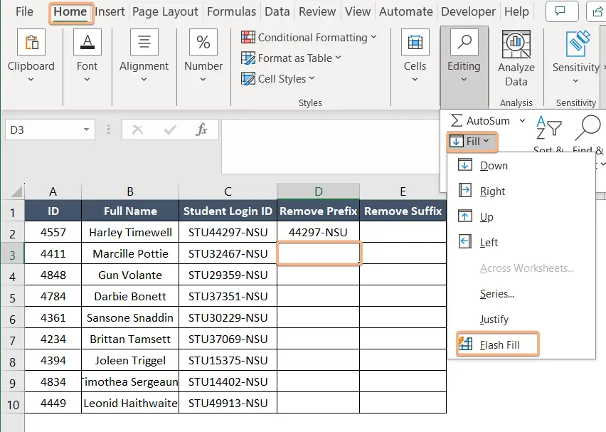 Selecting Flash Fill option