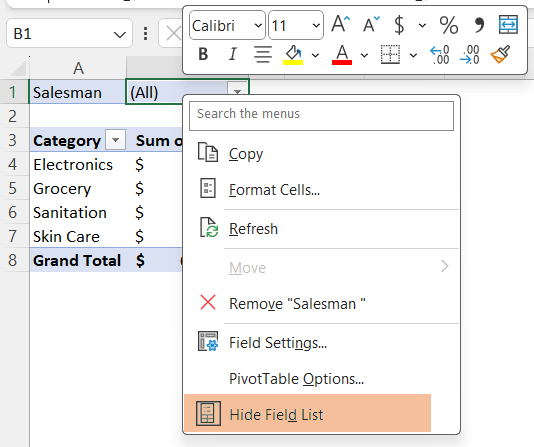 Hide Field List from right-click menu in Excel 