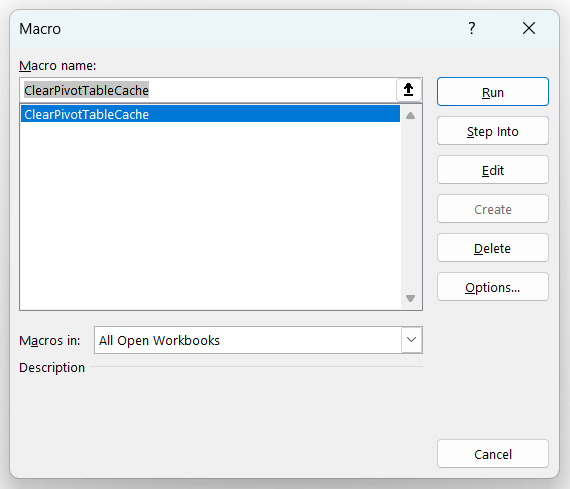 Run the VBA code from Macro to Pivot Table clear cache 