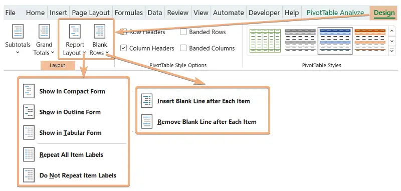 Report Layout and Blank Rows in Pivot Table Design in Excel