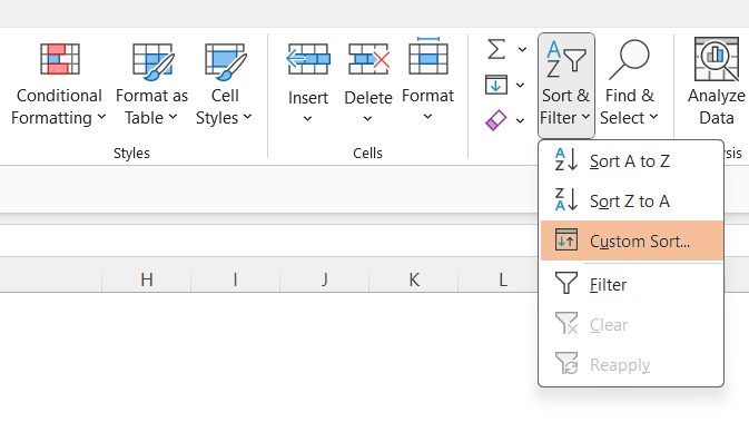 Use Custom Sort to sort horizontally in Excel