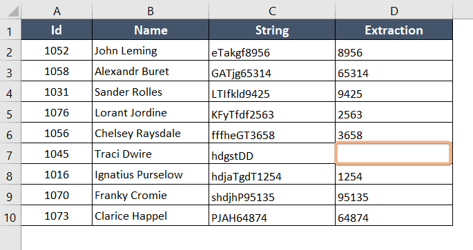 The final result of the ISNUMBER and MIN search function for extracting digits from a string