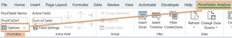 Access PivotTable Options from PivotTable Analyze tab