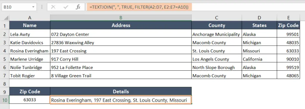 Combining the TEXTJOIN and FILTER function to lookup Zip code