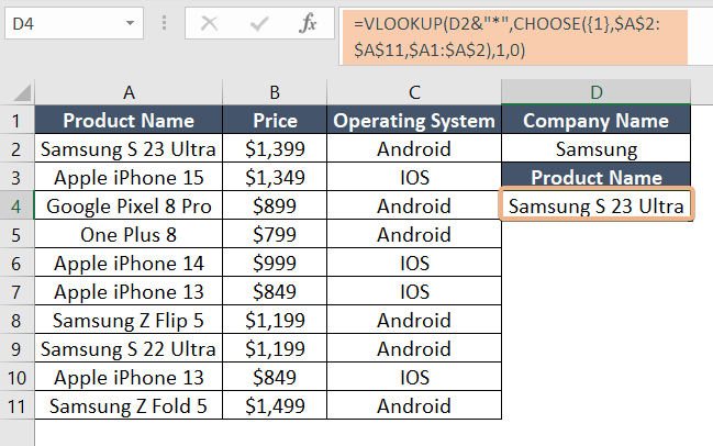 Use the combination of VLOOKUP and CHOOSE function to return partial match