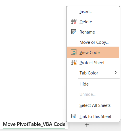 Selected View Code to move the Pivot Table in Excel using VBA code