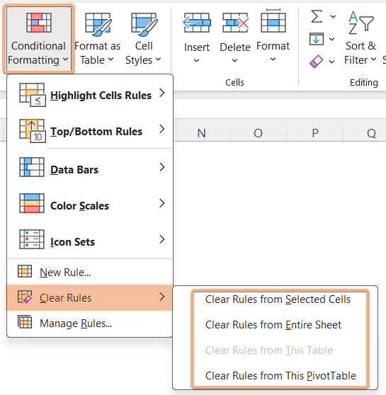 Clear Rules options from Conditional Formatting in Pivot Table in Excel