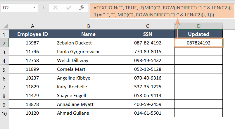 Combination of TEXTJOIN, IFERROR, INDIRECT, MID, and ROW functions for remove dashes without removing zeros