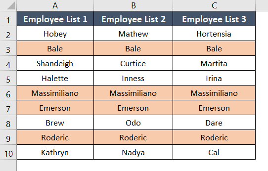 Final result of duplicate values for comparing three columns in excel