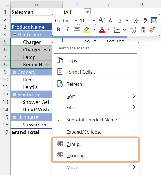 Group or Ungroup options in Pivot Table