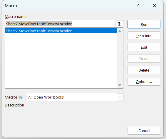 Opened Macro to run the VBA code to move Pivot Table in Excel