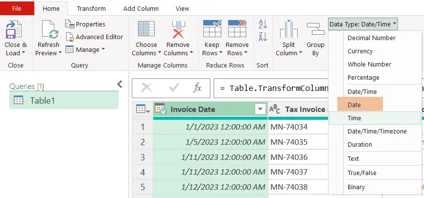 Changing date type of "Invoice Date" column in Power Query Editor