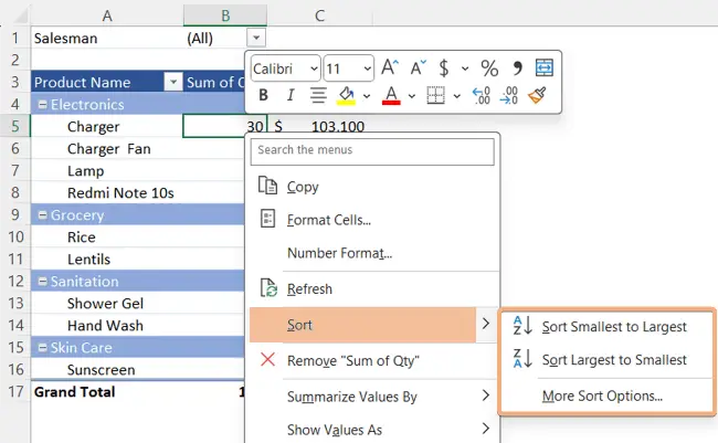 Sort option in Pivot Table 