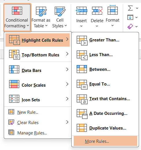 Accessed More Rules in Conditional Formatting to highlight blank cells 