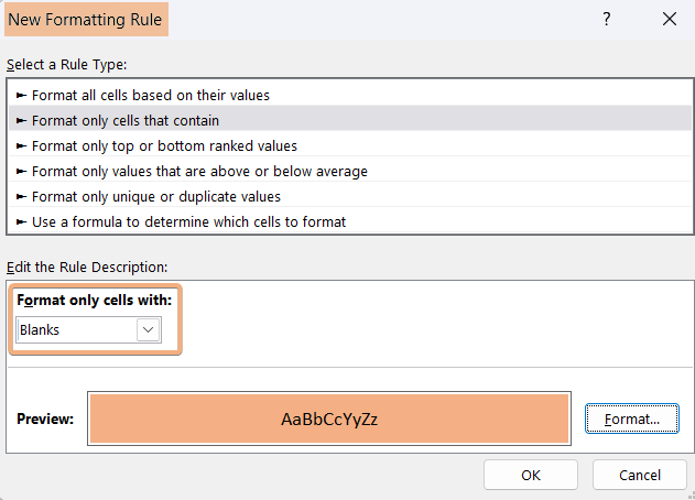 Selected Blanks and formatted to highlight blank cells in Pivot Table