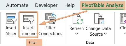 Insert Timeline from PivotTable Analyze in Excel