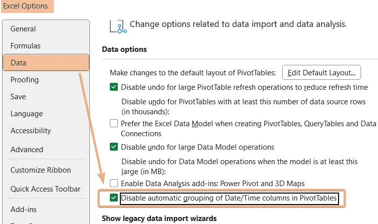 Excel Options to disable automatic grouping date in Excel 