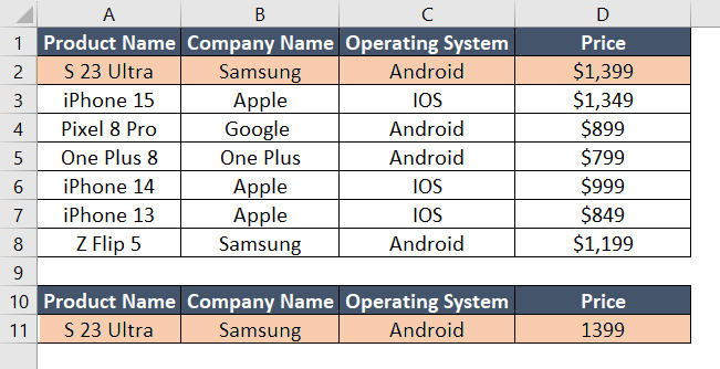 Final result of using XLOOKUP Function to return array