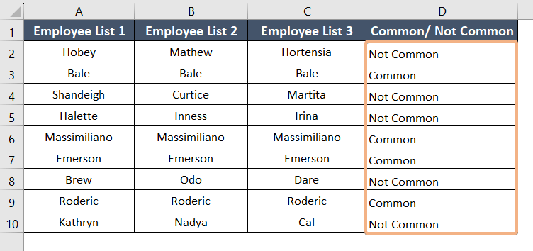 Final result of utilizing the IF AND function for the comparison of three columns