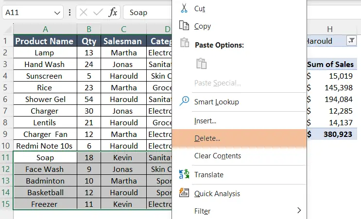 Deleted the selected data from source data to Pivot Table clear cache