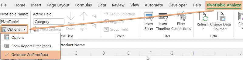 Generate GetPivotData from PivotTable Analyze in Excel