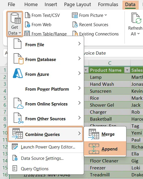Selected Combine Queries to append data to create Pivot Table from multiple sheets