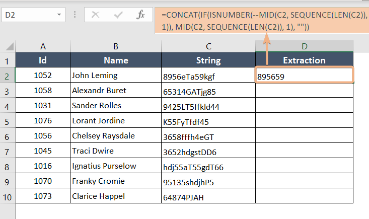 Using the CONCATENATE and SEQUENCE functions to extract digits from a string.