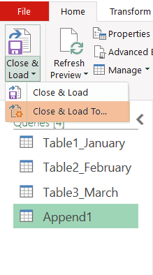 Selected Close & Load To... for importing data to create PivotTable from multiple sheets