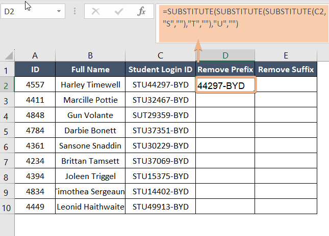 SUBSTITUTE functions to remove prefix 