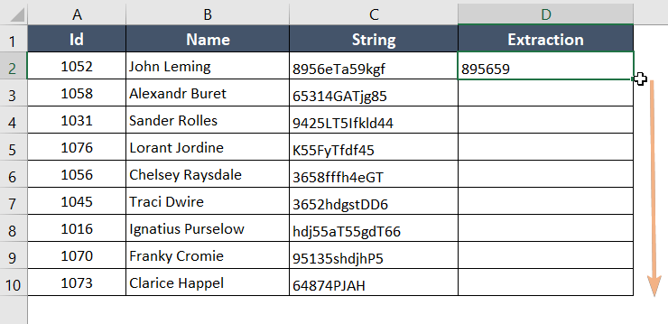 Dragging the CONCATENATE and SEQUENCE functions to extract digits from a string.